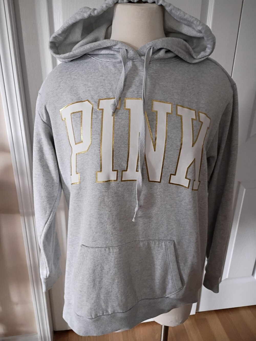 PINK Victoria's Secret Heather Gray Crewneck Hoodie with Gold-Trim Logo